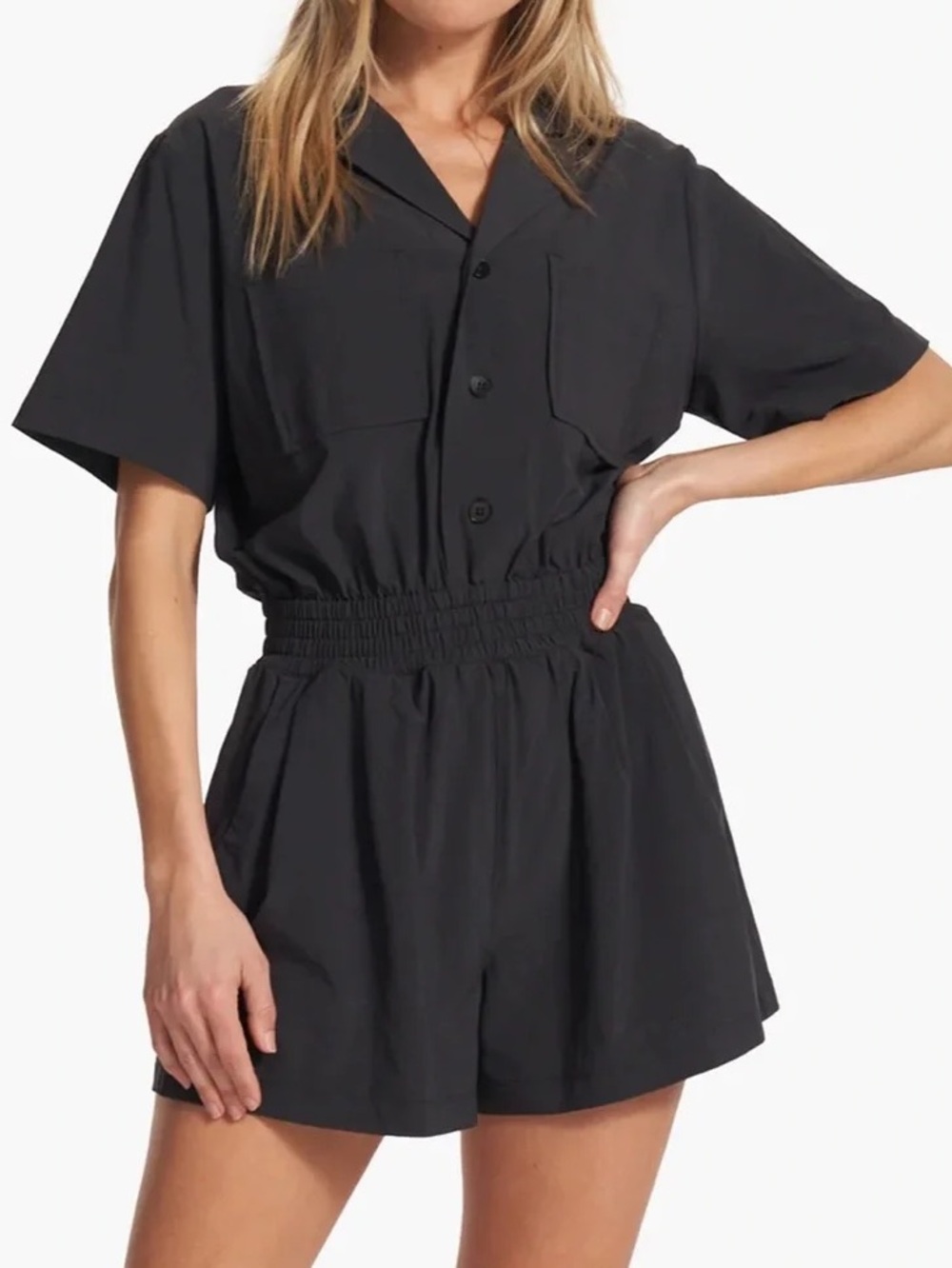 Vuori Villa Romper Black XS Shorts Short Sleeve Collared Button Front
